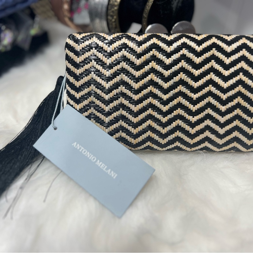 Antonio Melani Black and Cream Chevron Clutch